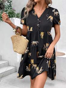 SHEIN Clasi Women's Leopard Print Puff Sleeve Dress - Black - View 6