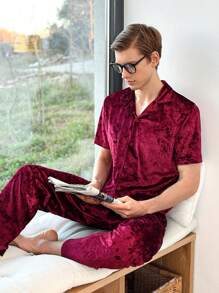 RueChic Red Velvet Cardigan Pajamas Set For Men - Burgundy - View 1