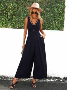 SHEIN Clasi Mono De Pierna Ancha Plisado Con Color Sólido Para Mujeres - Negro - Ver 1