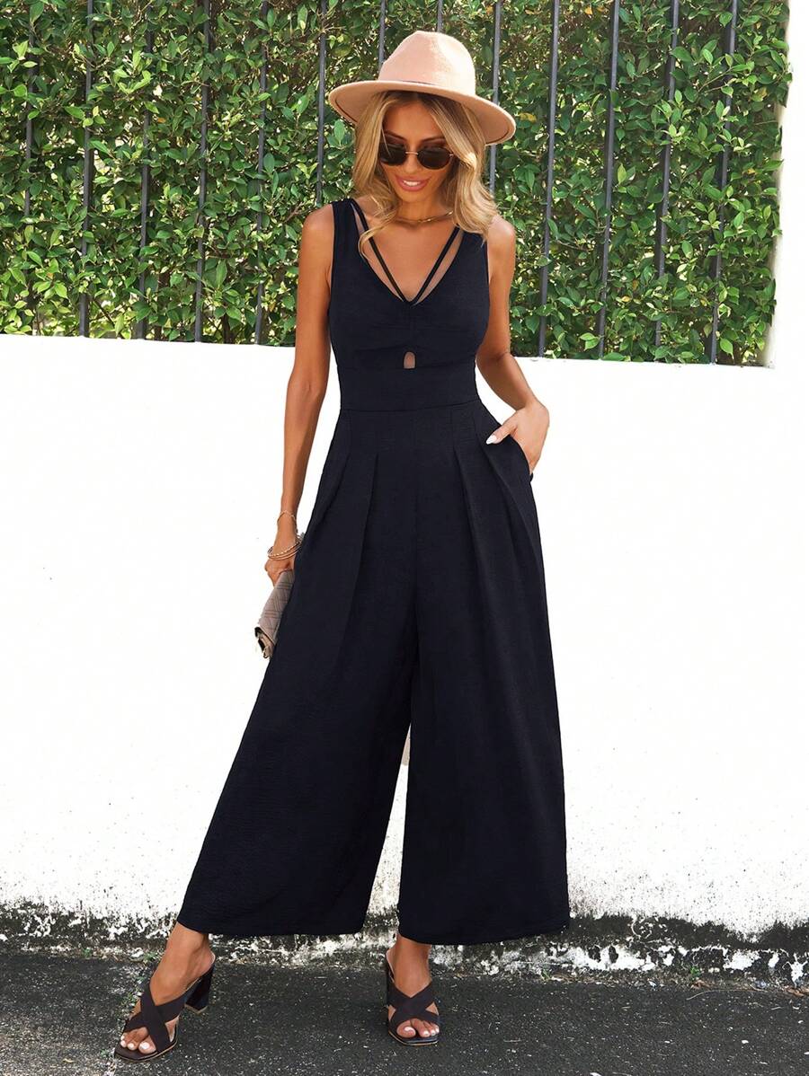SHEIN Clasi Mono De Pierna Ancha Plisado Con Color Sólido Para Mujeres - Negro - Ver 1