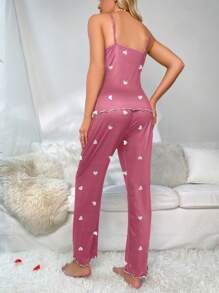 Heart-Shaped Print Lace Trimmed Cami And Long Pants Pajama Set