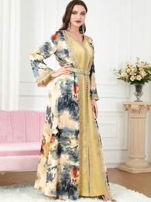 彩色拼接束带长袖阿拉伯连衣裙 - 黃色 - 查看 4