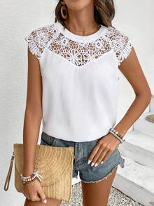 SHEIN LUNE 女士純色蕾絲修飾襯衫 - 白色 - 查看 7