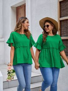 SHEIN LUNE 女士紋理襯衫,褶邊下擺設計 - 綠色 - 查看 7