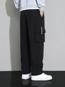 Men's Letter Patchwork Drawstring Waist Cargo Pants - Black - View 2