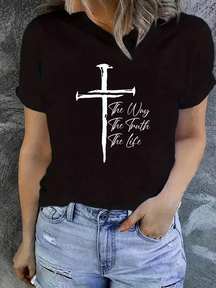 SHEIN LUNE Slogan Graphic Tee - Black - View 1