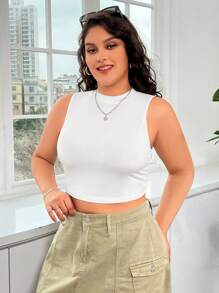 SHEIN EZwear 加大尺寸簡約基本純色無袖上衣,小立領設計 - 白色 - 查看 5