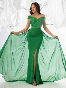 Women's Off Shoulder Rhinestone Embellished Long High-End Evening Dress With Elegant