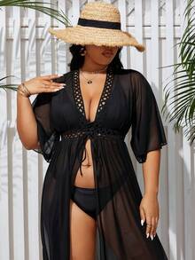 SHEIN Swim Curve 大码纯色透明和服连衣裙（配腰带） - 黑色 - 查看 5