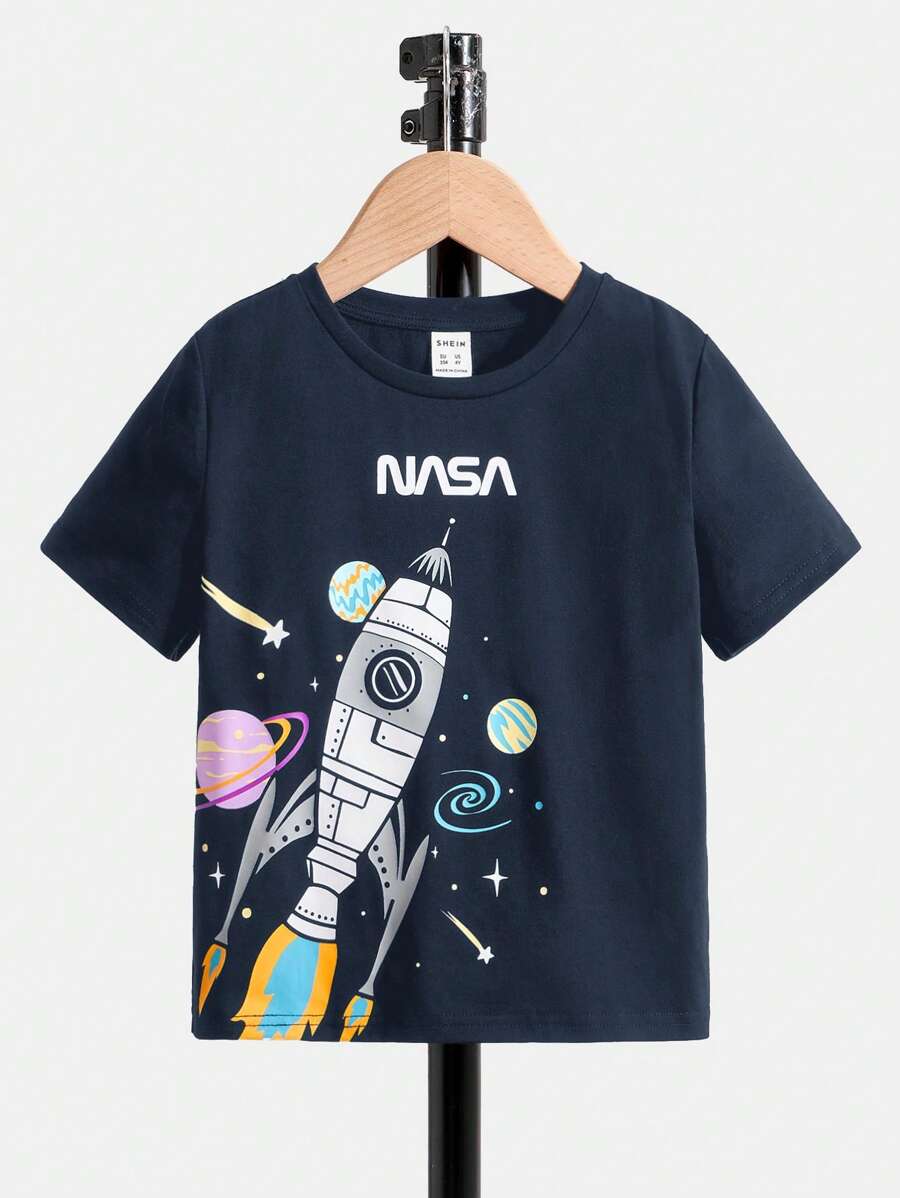 SHEIN Young Boy Casual Rocket Pattern T-Shirt - Blue - View 1