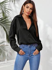 EURMUSE Women's Spring/Autumn Casual Satin Raglan Buttoned French Blouse - Black - View 4