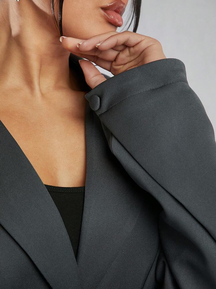 SHEIN Unity 褶袖翻领休闲大码西装外套 - 藏蓝色 - 查看 4