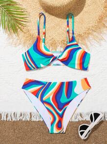 2 piezas/Set Bikini de verano para adolescente con parte superior con tirantes de espagueti de varios colores ajustables y retorcidos adelante y Bottom de bikini de varios colores, conjunto de bikini de verano, conjuntos a juego madre e hija (se venden 2 sets por separado) Playa de verano