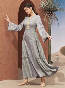 Al Najma Color Block Jacquard Weave Spliced Belted Flared Sleeve Jalabiya Dress, Modest - Grey - View 6
