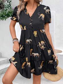 SHEIN Clasi Women's Leopard Print Puff Sleeve Dress - Black - View 4