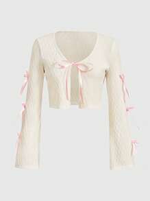 ROMWE Kawaii Ladies' Bow Tie Detail Slit Design Top With Ribbon, School - Apricot - View 5