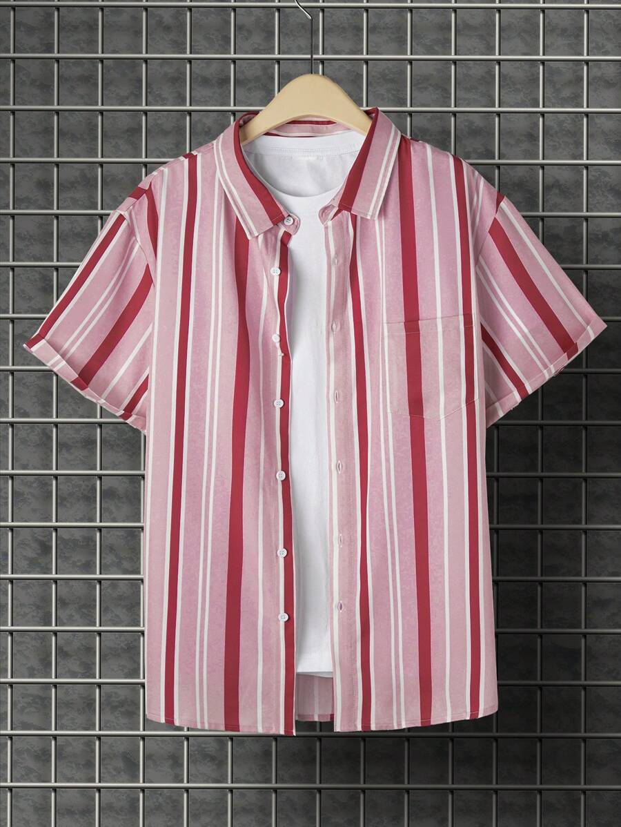 Manfinity Homme Men's Plus Size Striped Button Up Short Sleeve Shirt - Pink - View 1