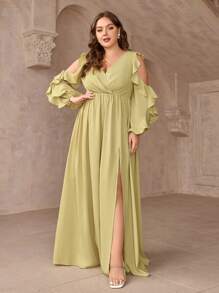 SHEIN Belle Kích thước lớn màu trơn Màu sắc Cổ chữ V Vai lạnh Đường viền cổ áo Mặt trước Tách Váy phù dâu - Màu vàng - Xem 7
