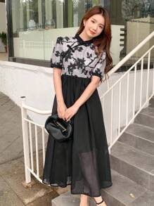 DAZY 女款搭扣裝飾花卉印花拼色收腰連身裙