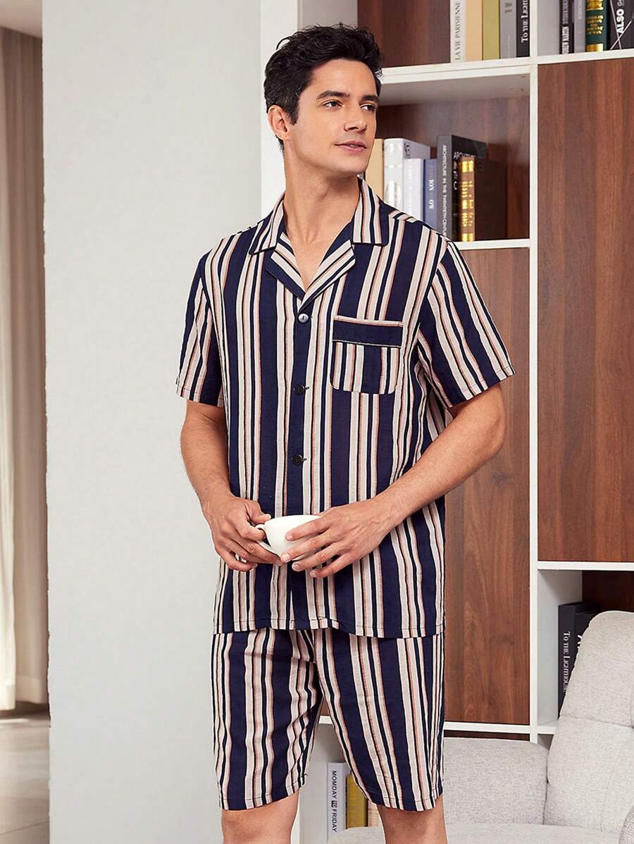 Nam Sọc Ngắn tay Áo sơ mi Và Bộ quần short Đối với Nhà  Mặc - Màu xanh lam - Xem 1