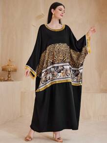 Al Najma Loose Kaftan Dress With Patchwork Floral Print And Tassel Trim - Black - View 3