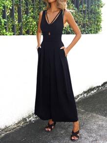 SHEIN Clasi Mono De Pierna Ancha Plisado Con Color Sólido Para Mujeres - Negro - Ver 3