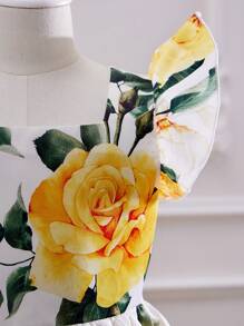 SHEIN 青少女優雅&可愛&華麗的花朵圖案方領短袖飄綵邊中長裙 - 黃色 - 查看 4