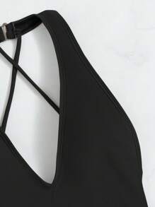 SHEIN Swim 素色側繫帶丁字褲連體泳衣 - 黑色 - 查看 4