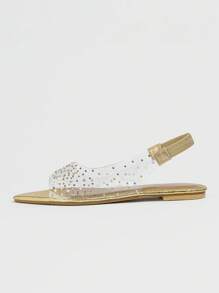 Damen transparente Knöchelriemen Flache Sandalen mit Strass Dekoration, perfekt für Frühling/Sommer Reisen, Strandschuhe - Gold - Übersicht 4