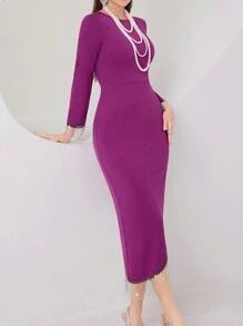 Modelyn Women'S Fringe Detailing Split Sequin Dress With Chain Necklace Long Evening Dresses - Purple - View 6