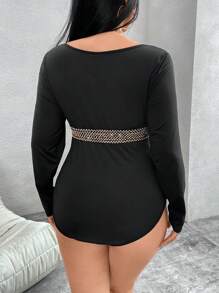 Flirla Plus Size Deep V-Neck Lace Up Floral Bodysuit Fall Cloth For Women - Black - View 2