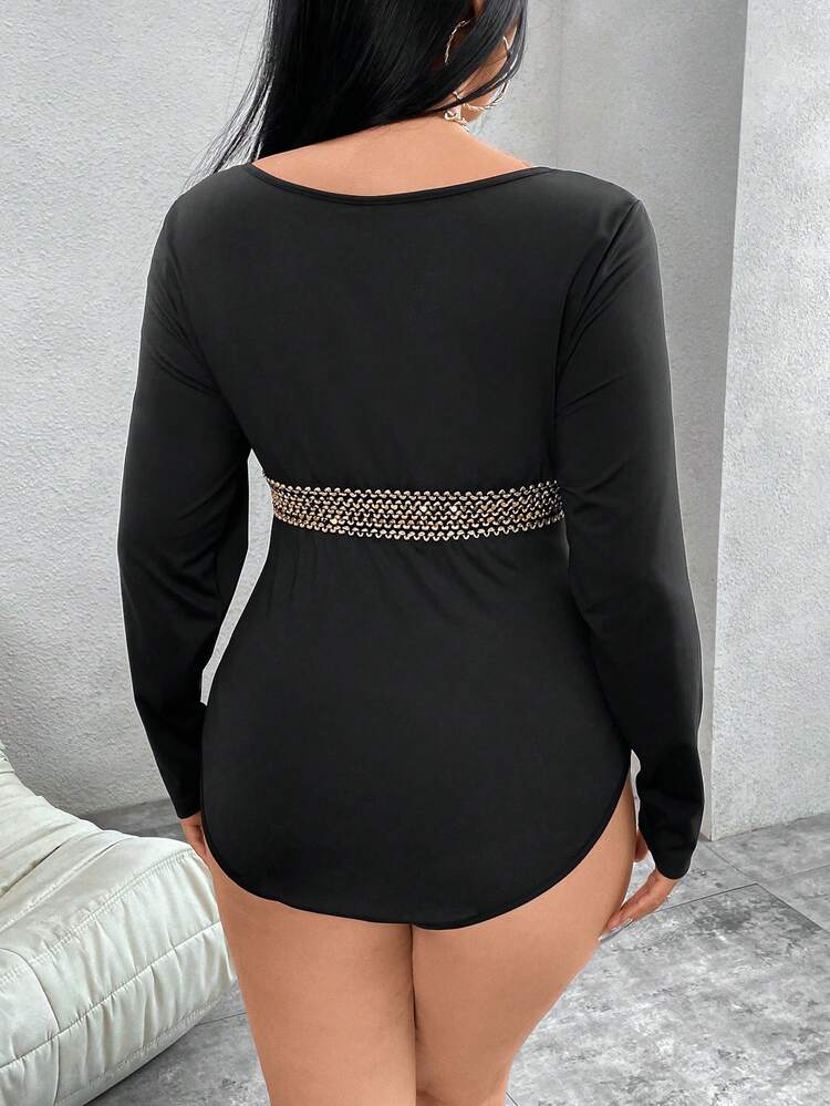 Plus Size Deep V-Neck Lace Up Floral Bodysuit Fall Cloth For Women