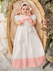 SHEIN Neugeborenes Baby Mädchen Kleid mit Kontrastfarben Peter Pan Kragen und Balonaärmeln, 2-teiliges Set mit Hut - Verschiedenfarbig - Übersicht 9