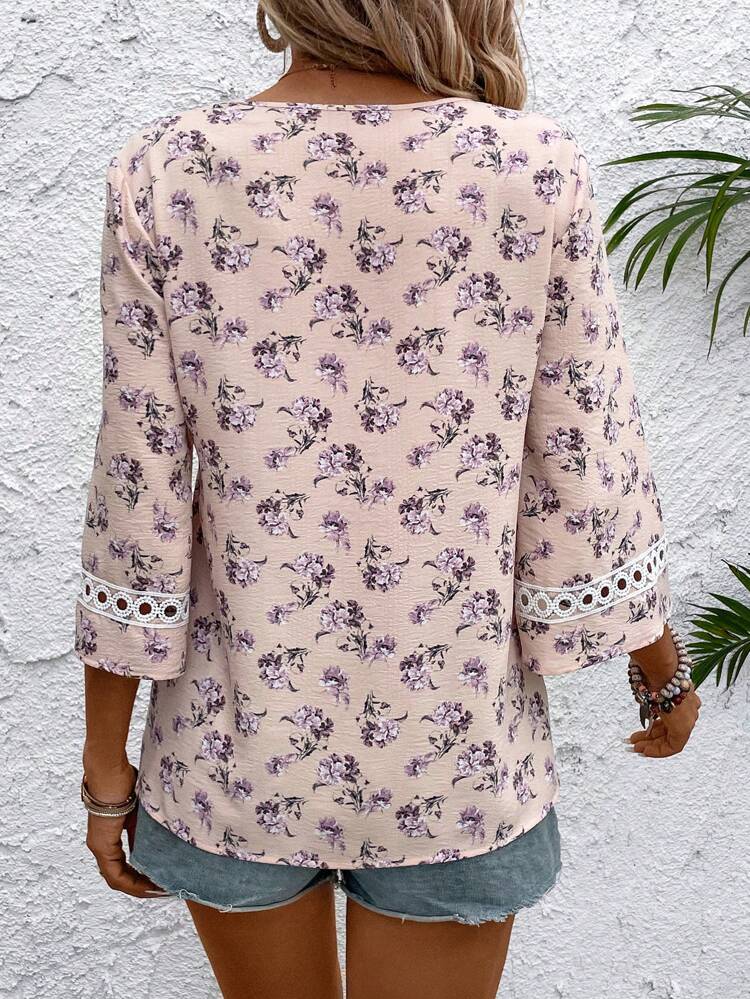 Women Floral Lace Patchwork Summer Blouse, For Vacation