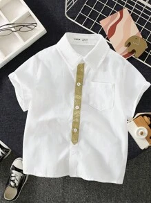 SHEIN Young Boy Casual College Style Festival Versatile Lapel Weave Decoration Patch Pocket Shirt, Suitable For Festive Gatherings, , School, Spring And Summer - White - View 1