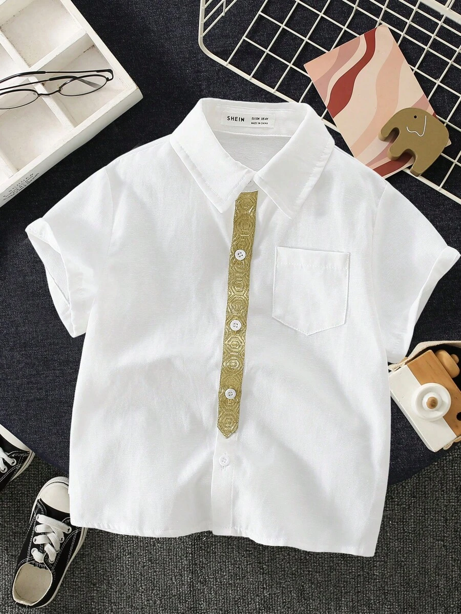 SHEIN Young Boy Casual College Style Festival Versatile Lapel Weave Decoration Patch Pocket Shirt, Suitable For Festive Gatherings, , School, Spring And Summer - White - View 1