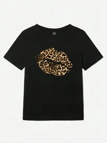 Slaydiva Casual Leopard Print Lips Graphic Round Neck Short Sleeve Women T-Shirt, Suitable For Summer Suitable For Going Out - Black - View 3