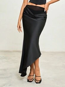 Anewsta 拼接網紗分層休閒裙，魚尾裙擺設計 - 黑色 - 查看 3