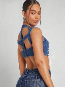 Denimoi Contrast Lace Up Grid Crop Denim Top - White - View 2