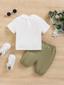 SHEIN Leap Crew Baby Boy Peter Pan Collar Decorative Button Sweatshirt And Solid Color Shorts Set - Mint Green - View 8