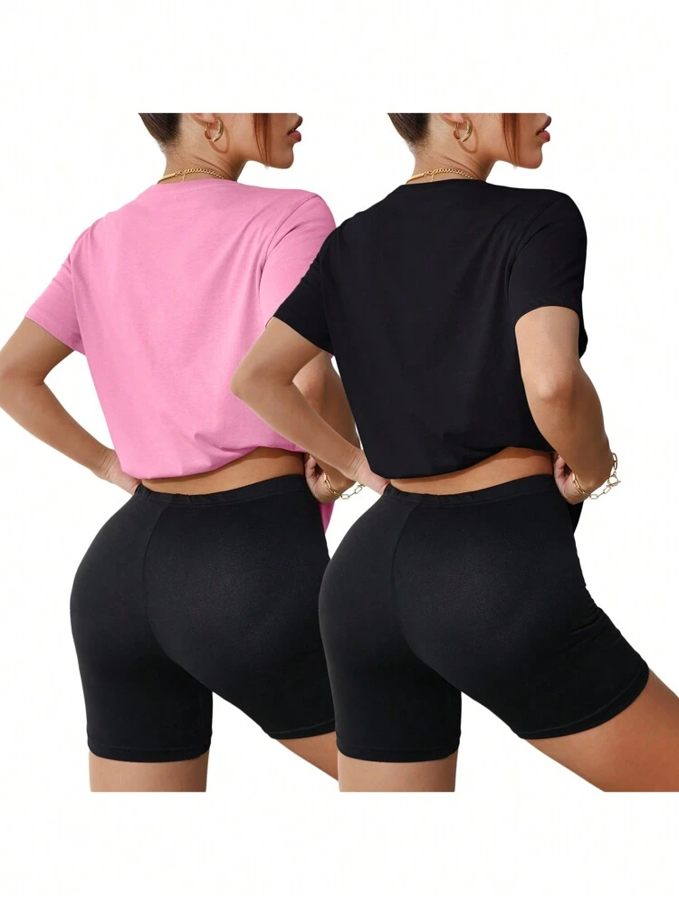 Ladies' Solid Color Crop Top & Tight Shorts Two Pieces Set