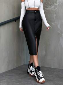 EURMUSE Women's Denim Skirt With Side Slit Hem - Black - View 6