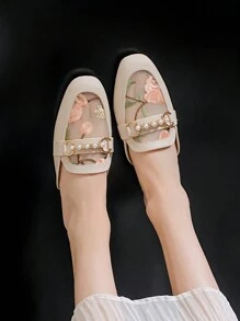 秋冬女士渔夫穆勒鞋，网眼与透明网纱设计相结合，平跟，方头情人节款