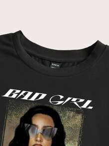 Slaydiva Áo thun nữ tay ngắn cổ tròn họa tiết phụ nữ gợi cảm tối giản giản dị, phù hợp cho mùa hè - màu đen - Xem 4