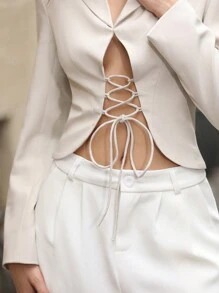 Anewsta Shawl Collar Lace Up Front Blazer - Apricot - View 5