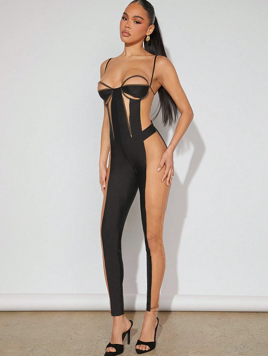 Hauture Women's Mesh Insert Bustier Strap Slim Fit Jumpsuit Unitard - Multicolor - View 1