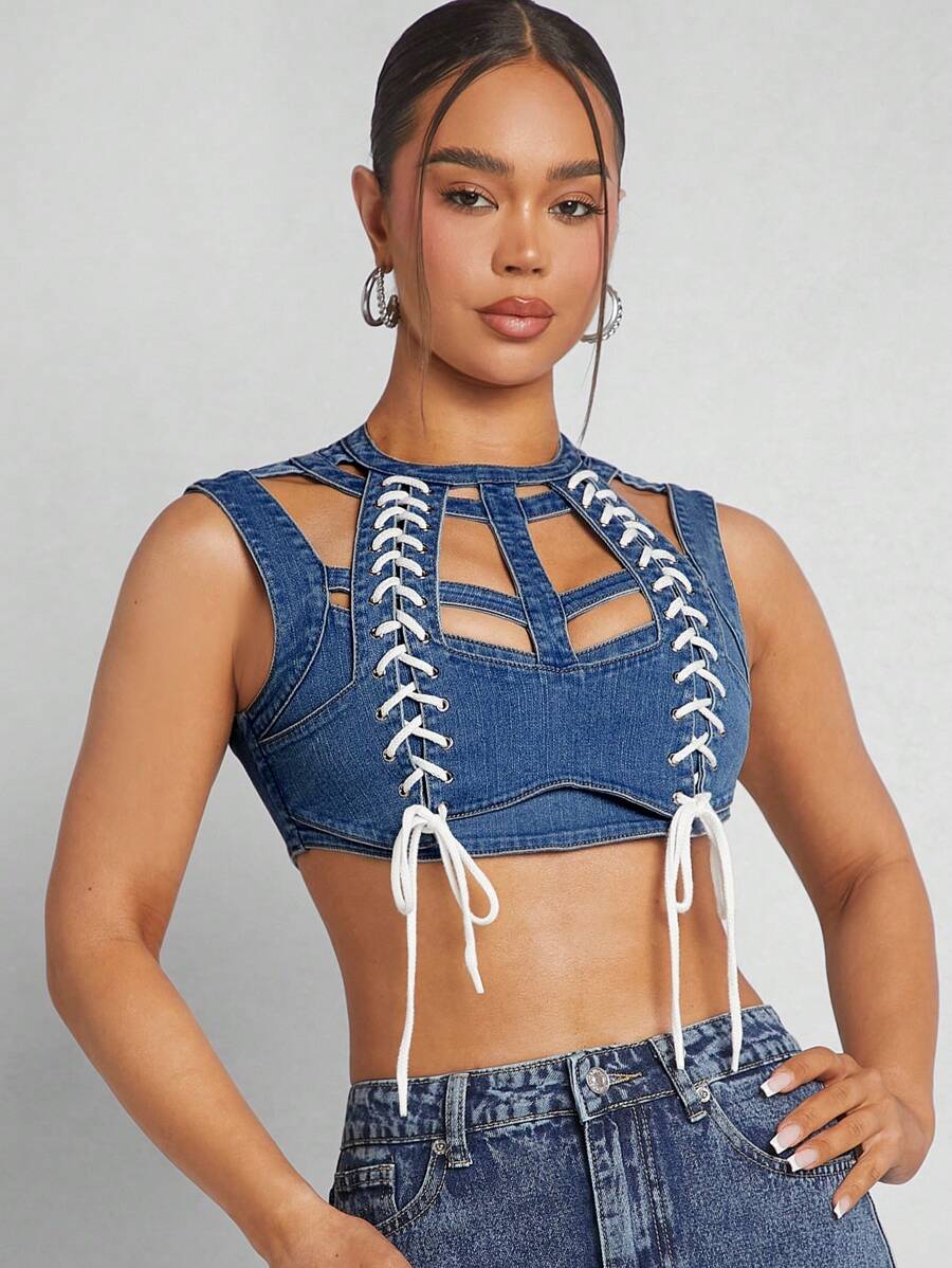 Denimoi Contrast Lace Up Grid Crop Denim Top - White - View 1