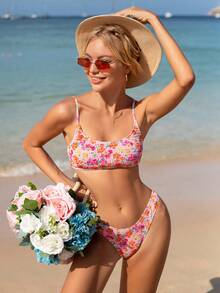 SHEIN Swim Ensemble De Bikini À Bretelles Spaghetti À Imprimé Floral, 2 Pièces, Maillot De Bain De Plage Été - Multicolore - Voir 3