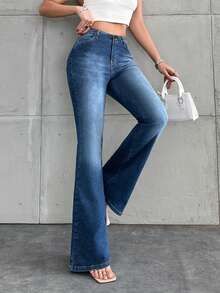 Washed Cat Whisker Flare Jeans With Slant Pockets - Medium Wash - View 6