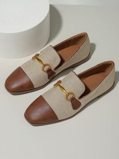 Höst/vinter Vintage Brittisk Stil Små Läderskor med Fyrkantig Tå För Damer Med Grova/Låga Klackar, Färgblocksloafers Med Metallspänne, Platta Skor